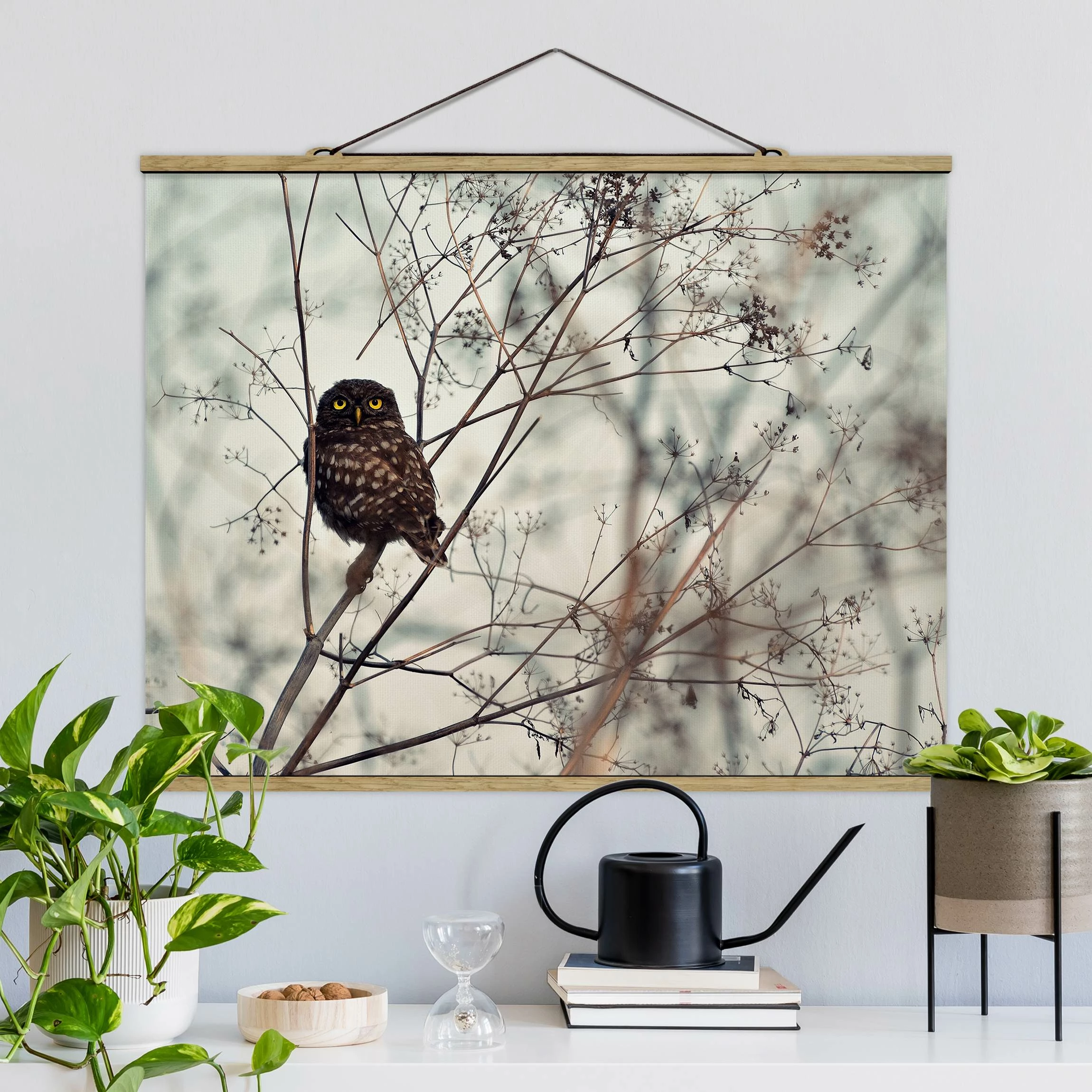 WallArt Stoffbild Mit Posterleisten - Eule Im Winter In Creme-Beige 2 WallArt Stoffbild Mit Posterleisten - Eule Im Winter In Creme-Beige – Bild 2