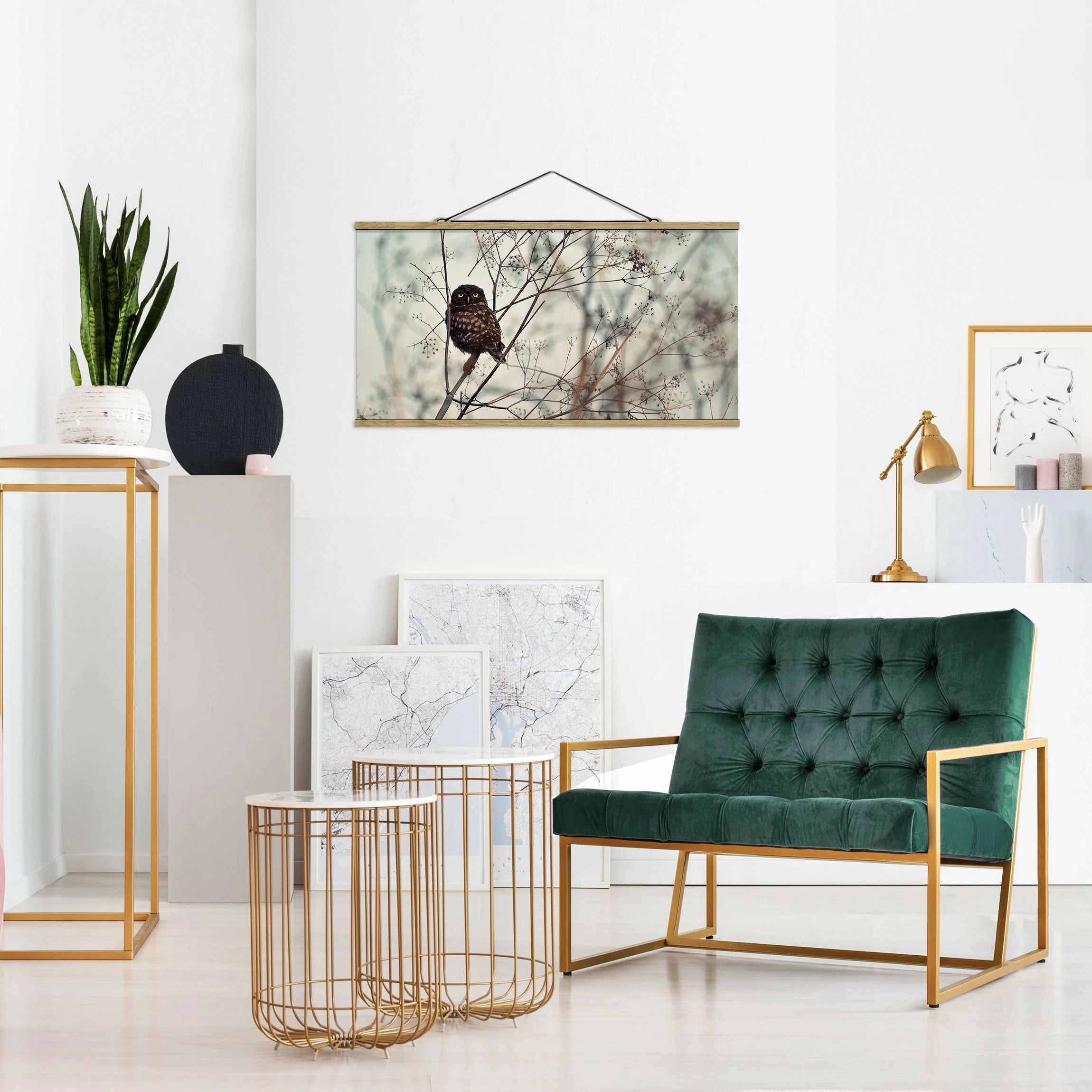 WallArt Stoffbild Mit Posterleisten - Eule Im Winter In Creme-Beige 4 WallArt Stoffbild Mit Posterleisten - Eule Im Winter In Creme-Beige – Bild 4