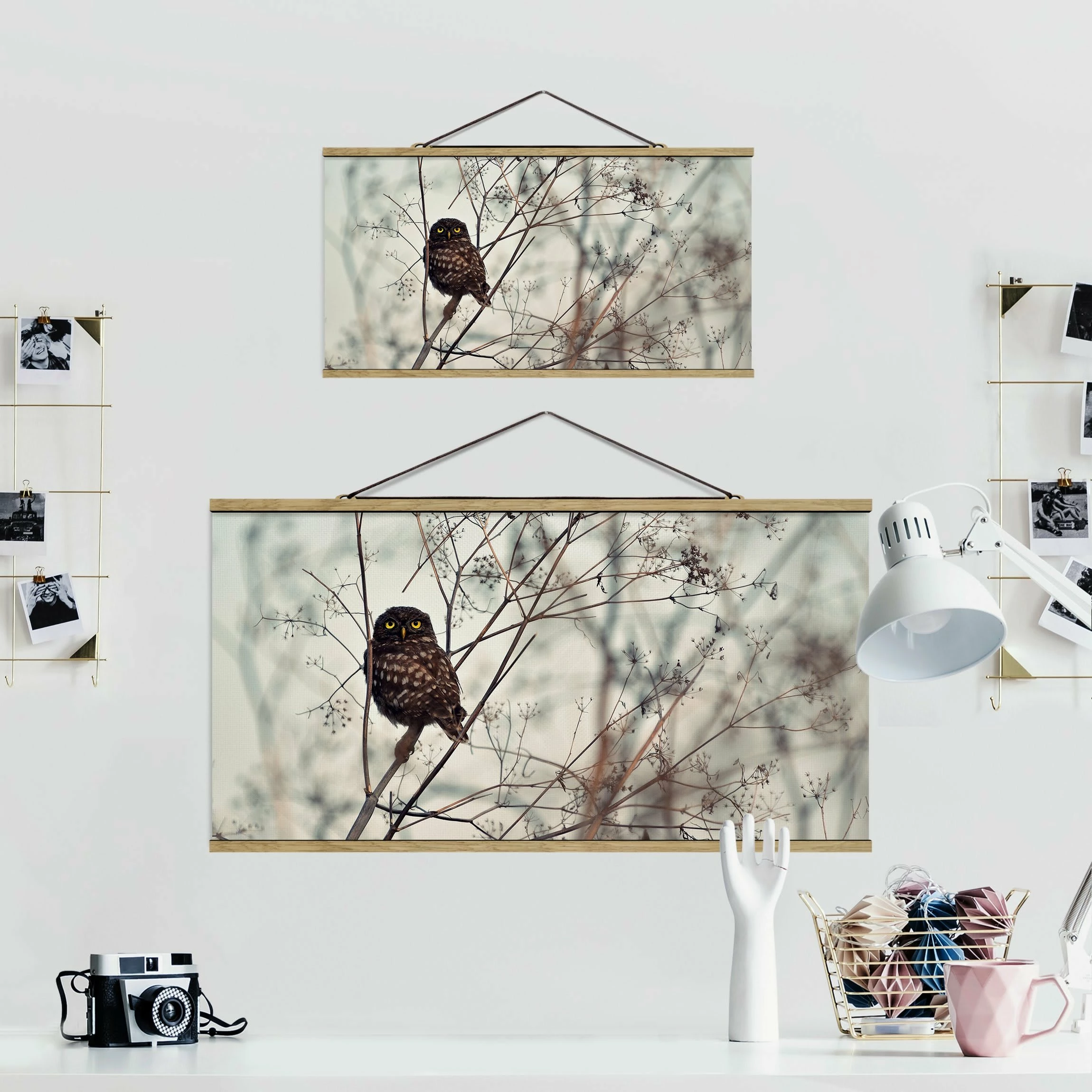 WallArt Stoffbild Mit Posterleisten - Eule Im Winter In Creme-Beige 7 WallArt Stoffbild Mit Posterleisten - Eule Im Winter In Creme-Beige – Bild 7
