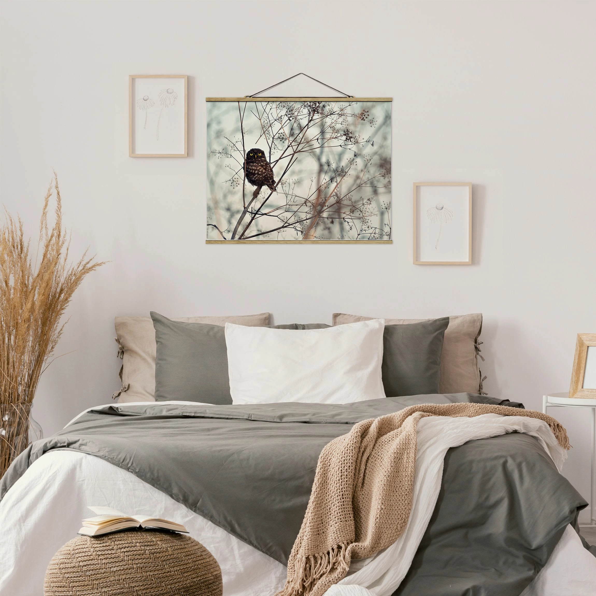 WallArt Stoffbild Mit Posterleisten - Eule Im Winter In Creme-Beige 3 WallArt Stoffbild Mit Posterleisten - Eule Im Winter In Creme-Beige – Bild 3