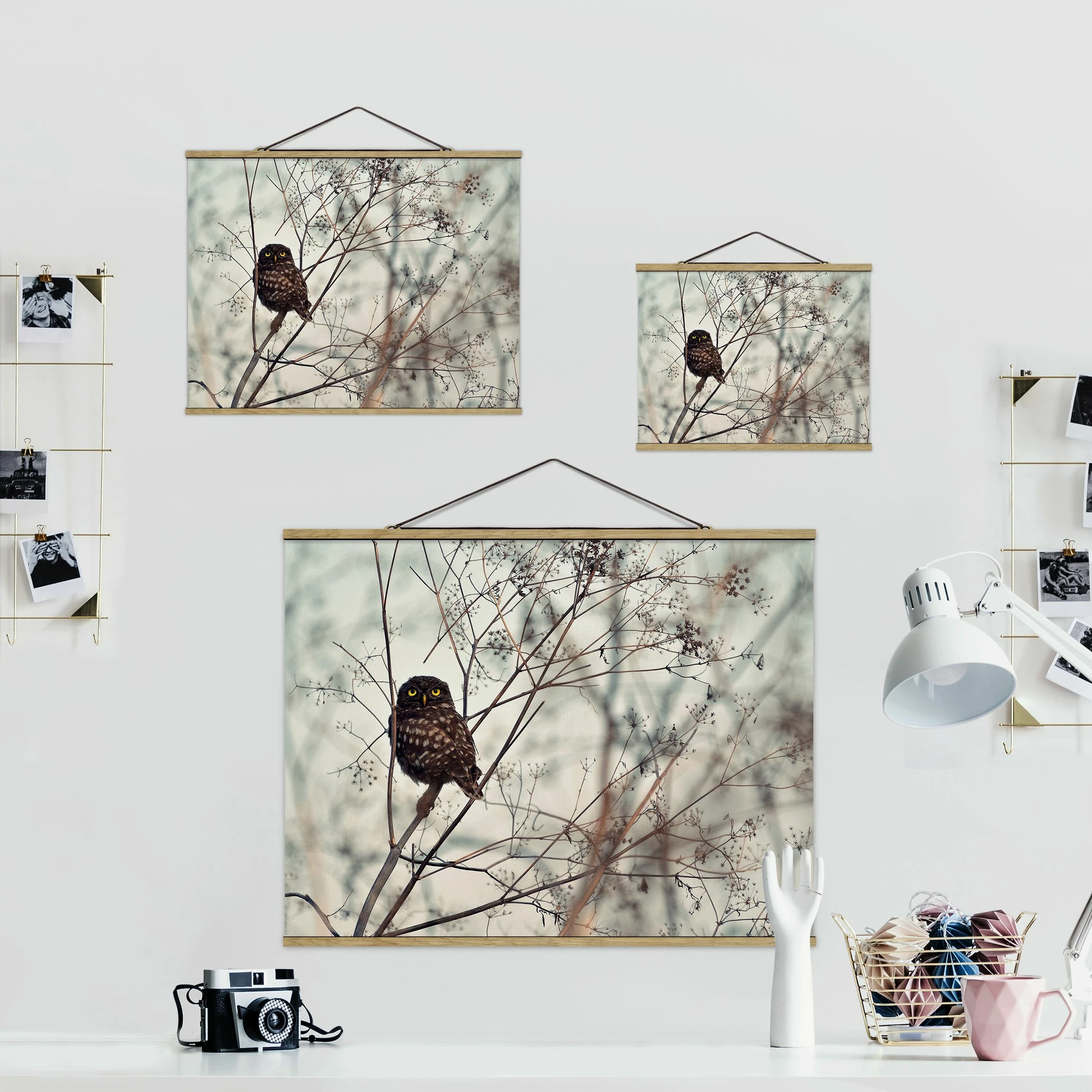 WallArt Stoffbild Mit Posterleisten - Eule Im Winter In Creme-Beige 7 WallArt Stoffbild Mit Posterleisten - Eule Im Winter In Creme-Beige – Bild 7