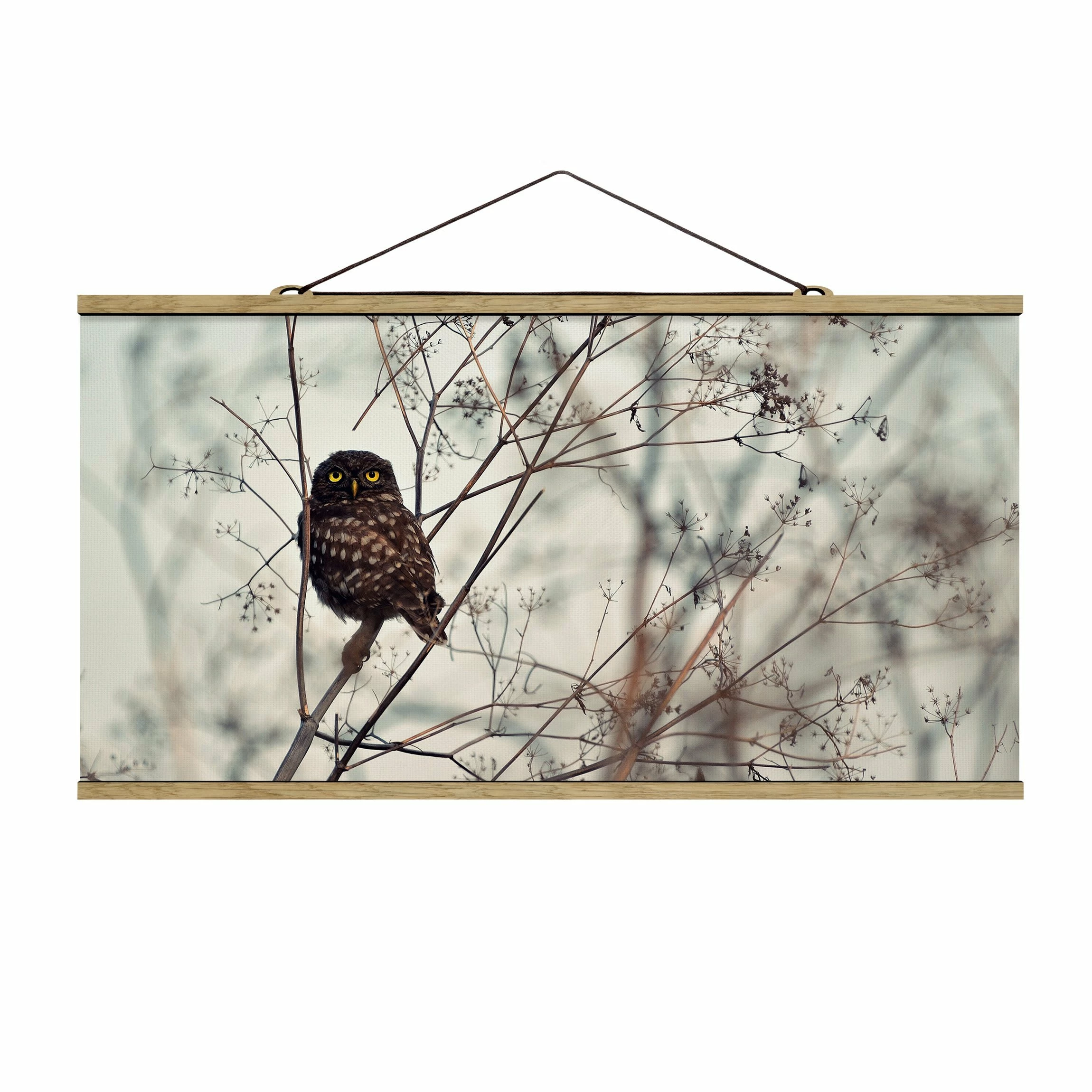 WallArt Stoffbild Mit Posterleisten - Eule Im Winter In Creme-Beige 1 WallArt Stoffbild Mit Posterleisten - Eule Im Winter In Creme-Beige