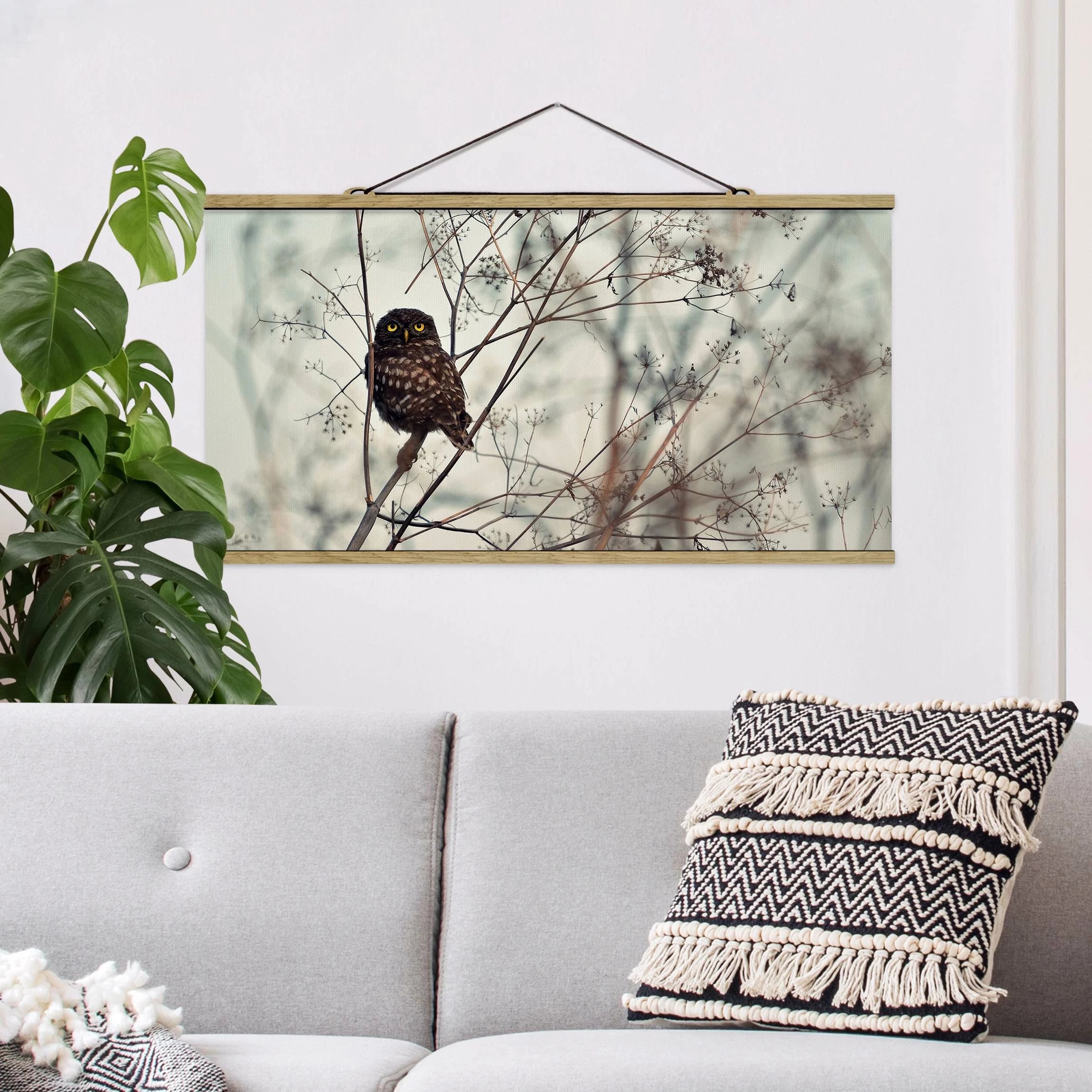 WallArt Stoffbild Mit Posterleisten - Eule Im Winter In Creme-Beige 2 WallArt Stoffbild Mit Posterleisten - Eule Im Winter In Creme-Beige – Bild 2