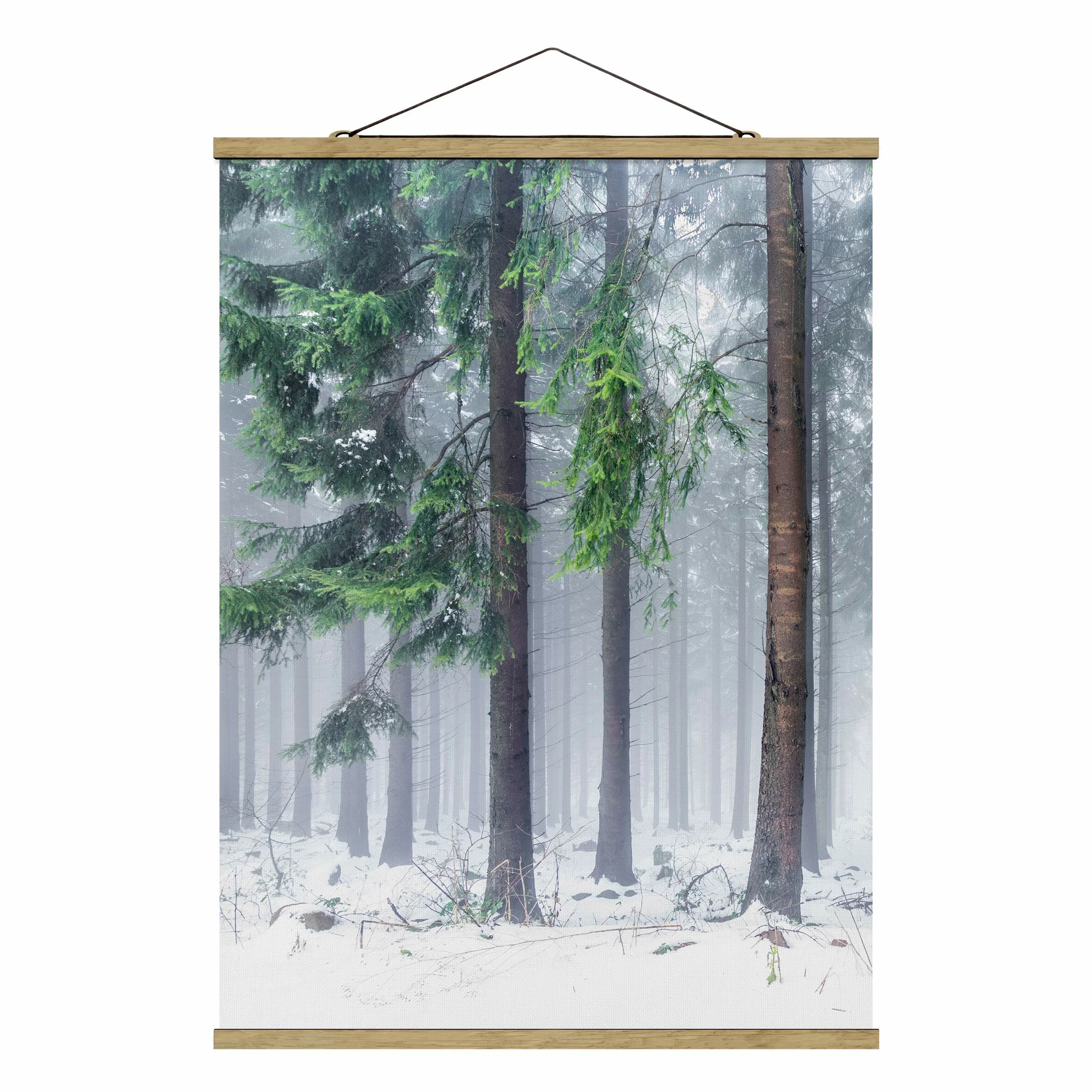 WallArt Stoffbild Mit Posterleisten - Nadelbäume Im Winter In Grün 1 WallArt Stoffbild Mit Posterleisten - Nadelbäume Im Winter In Grün