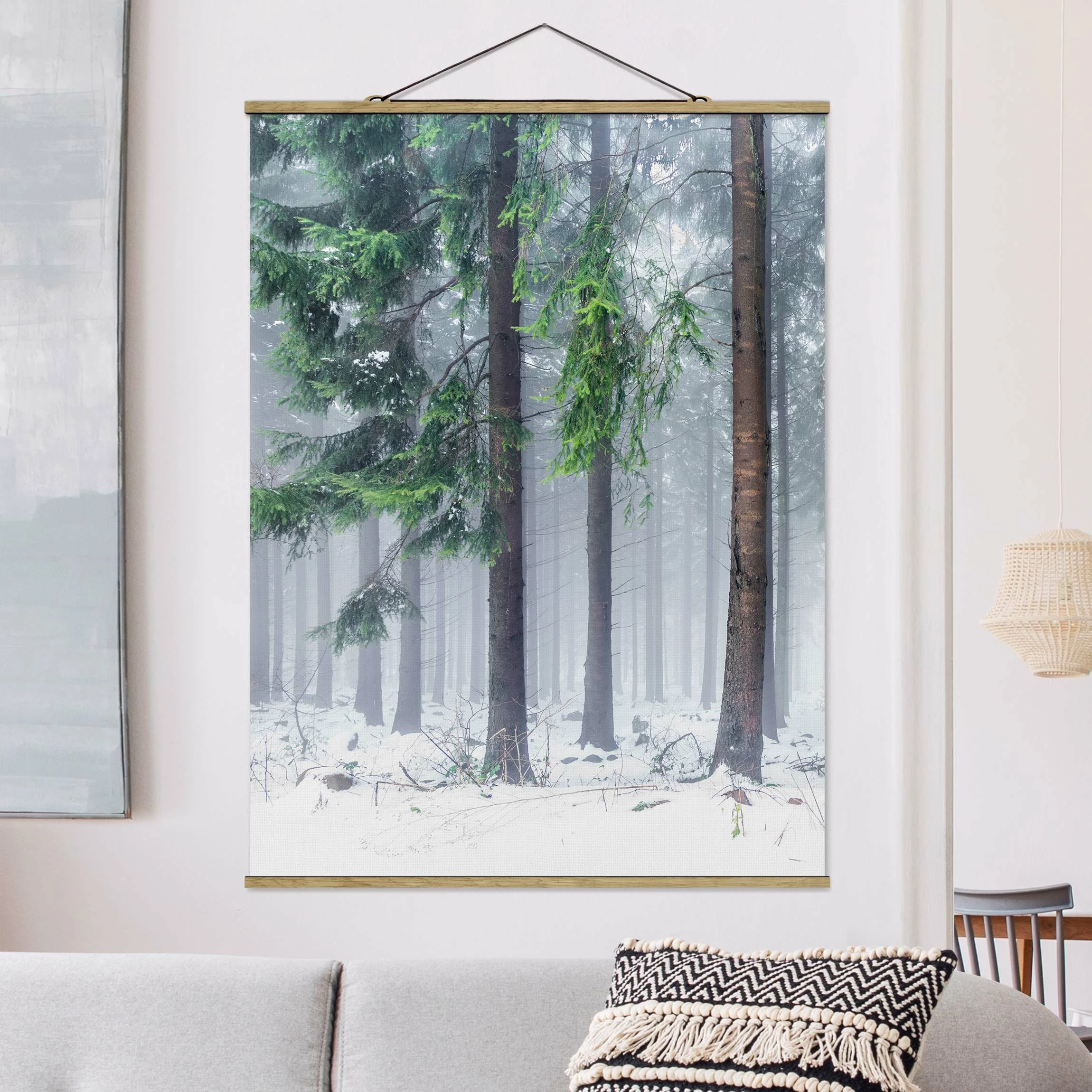 WallArt Stoffbild Mit Posterleisten - Nadelbäume Im Winter In Grün 2 WallArt Stoffbild Mit Posterleisten - Nadelbäume Im Winter In Grün – Bild 2