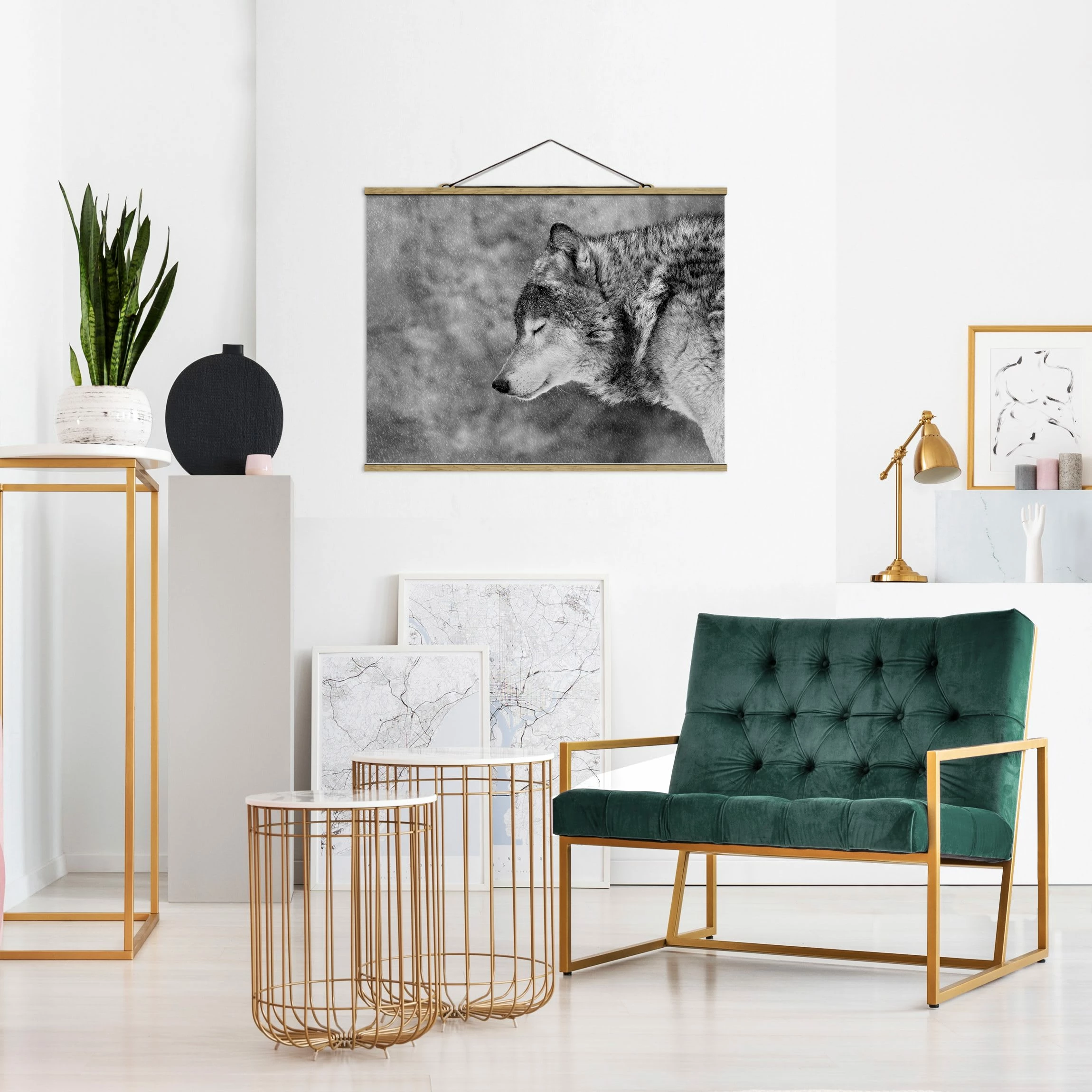 WallArt Stoffbild Mit Posterleisten - Winter Wolf In Schwarz-Weiß 3 WallArt Stoffbild Mit Posterleisten - Winter Wolf In Schwarz-Weiß – Bild 3
